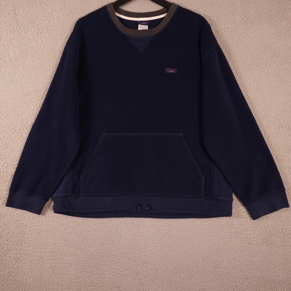 Vintage Tommy Jeans Sweatshirt Mens Medium Blue Fleece Tie Hem 90s Y2K Pullover